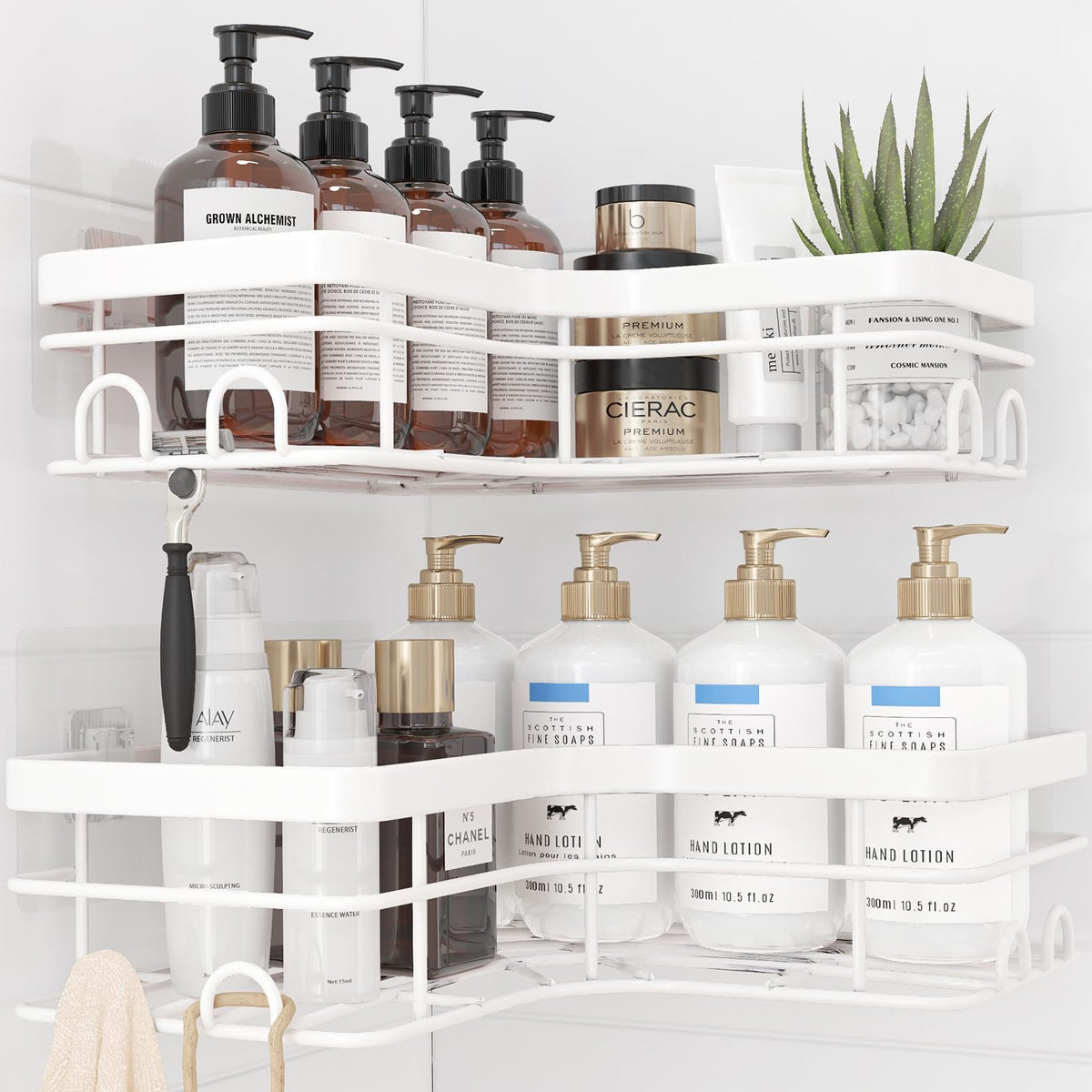 Sakugi Corner Shower Caddy - 2 Pack, Adhesive Shower Organizers, Rustproof Stainless Steel Shower Shelves with 8 Hooks, No Drilling Bathroom Organizers and Storage Racks, Space-Saving, Silver, Medium