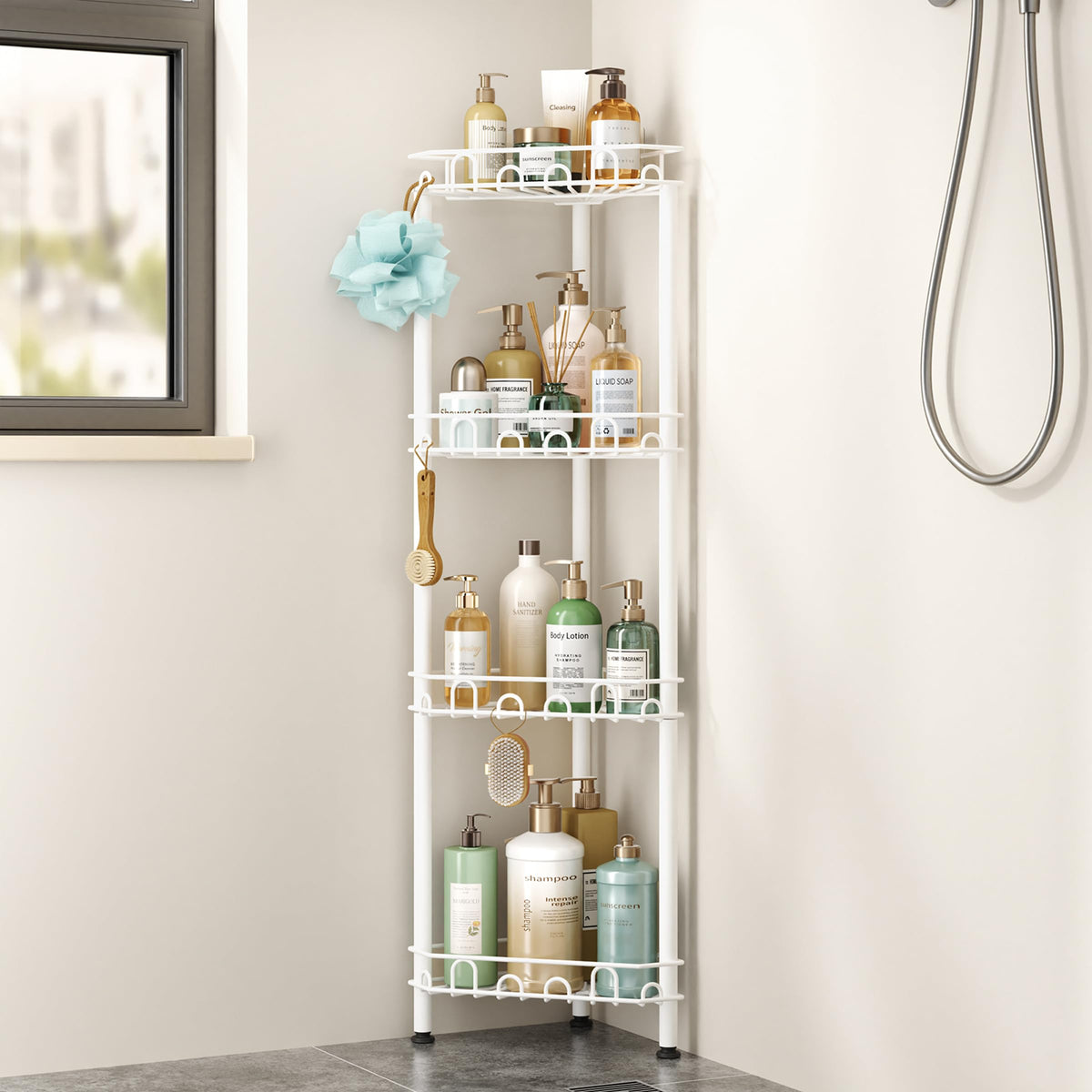 SWTYMIKI Standing Shower Caddy Corner - 3‑Tier Stainless Steel Shower Organizer Shelf with 12 Hooks and Adhesive Pads, Rustproof Corner Shelves Stand Rack for Bathroom Shower Room, Black