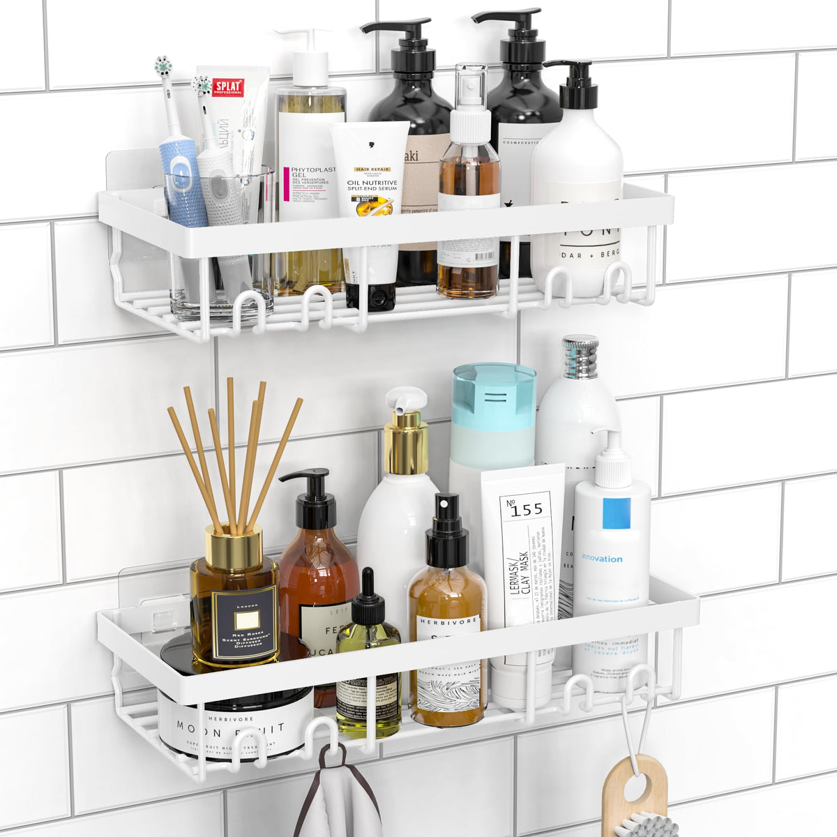 Moforoco Shower Caddy Shelf Organizer Rack, Self Adhesive Black Bathroom Shelves Basket, Home Farmhouse Wall Inside Organization and Storage Decor Rv Accessories, First Camper Apartment Essentials