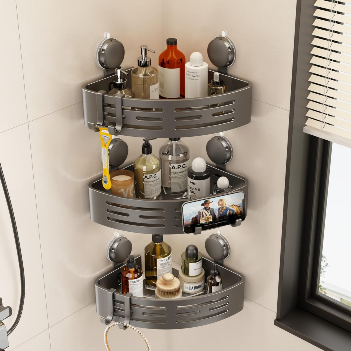 VOLPONE Corner Shower Caddy Suction Cup Shower Shelf Corner No Drilling Bathroom Shower Organizer Storage Rack Adhesive with Towel Bar Hooks (2-Pack,Gray)