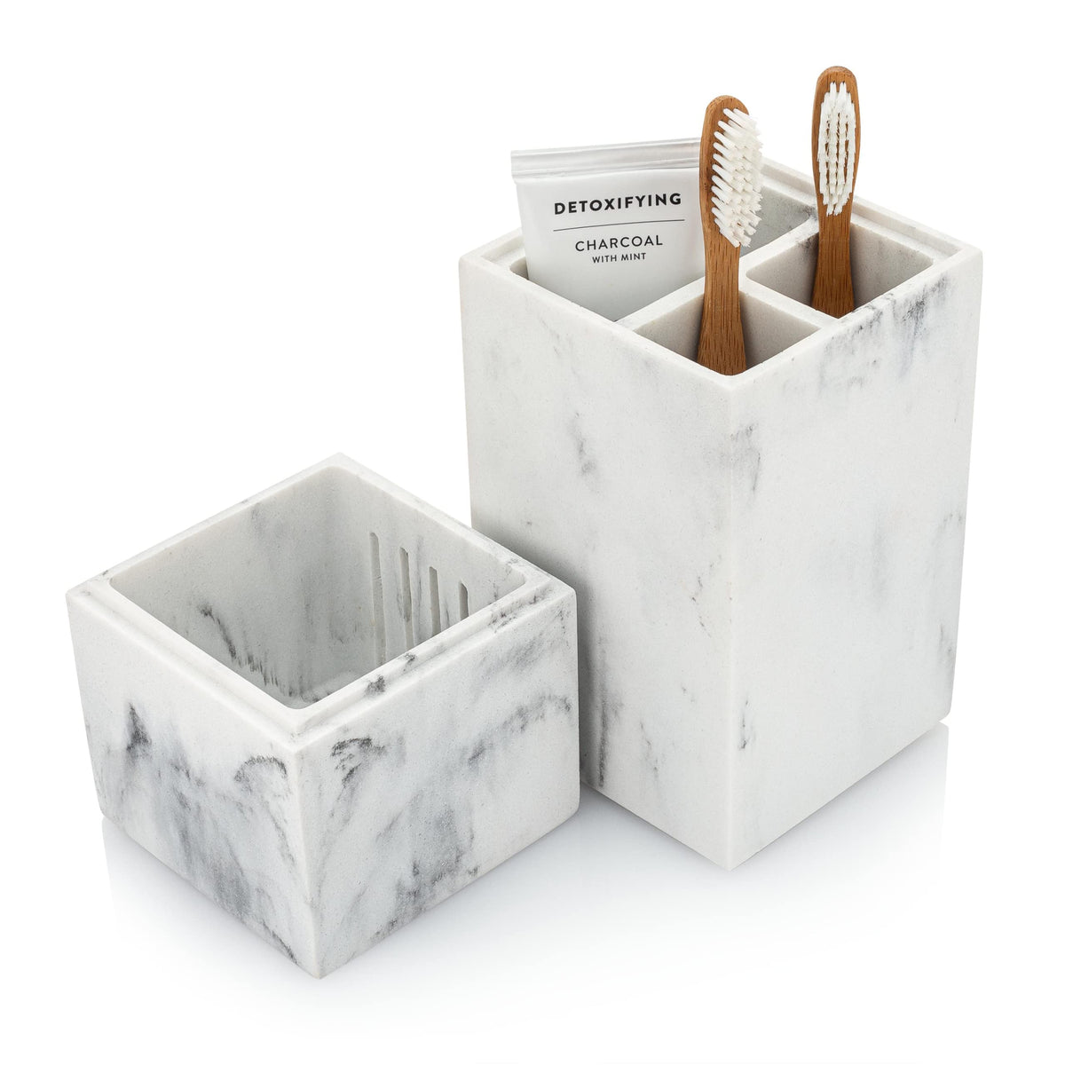 Essentra Home Toothbrush Holder with Lid, Elegant White Marble Bathroom Toothbrush & Toothpaste Organizer – Blanc Collection