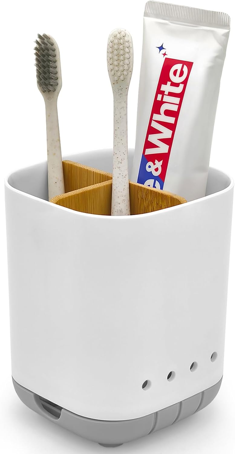 Toothbrush Holder with Bamboo Divider,Detachable for Easy Cleaning Bathroom Countertop Organizer,Plastic 3 Slots Electric Toothbrush and Toothpaste Holders Storage Caddy for Bathroom Vanity,Sink(Grey)