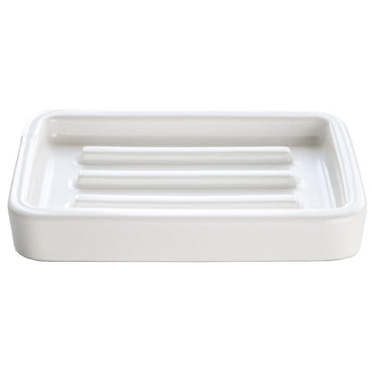 Matte Ceramic Soap Dish with Raised Ridges, Rectangle Bar Soap Holder for Bathroom Counter, Shower and Kitchen Sink, White