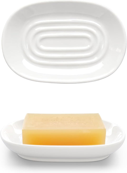 Ceramic Soap Dish for Bath Sink- Modern White Bar Soap Holder for Shower - Easy to Clean Multi-Purpose Oval Soap Dishes for Soap Bar, Sponges, Jewelry, Small Items | Fits Bathroom & Kitchen