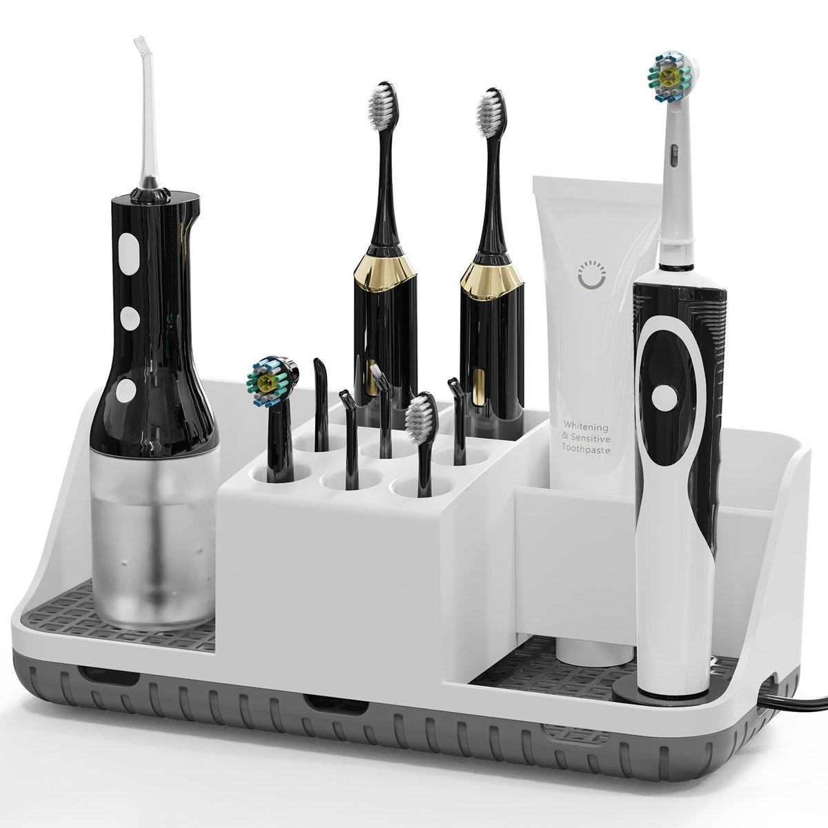 Boperzi Electric Toothbrush Holders with Cord Slots: Detachable Toothbrush and Toothpaste Holders, Large Tooth Brush Storage Caddy Set Drainage, Anti-Slip Bathroom Counter Organizer for Family, Kids