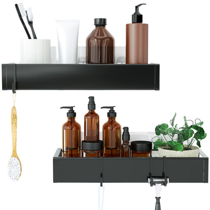 Bathroom Adhesive Shower Caddy Basket Shelf with Hooks, No Drilling Removable Bathroom Shelf Organizer,Stainless Steel Rustproof Shower Rack for Shampoo Storage, Sponge Holder-Silver
