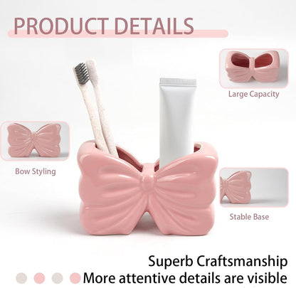Pink Bow Ceramic Toothbrush Holder,Sweet Girly Gift Bathroom Decor