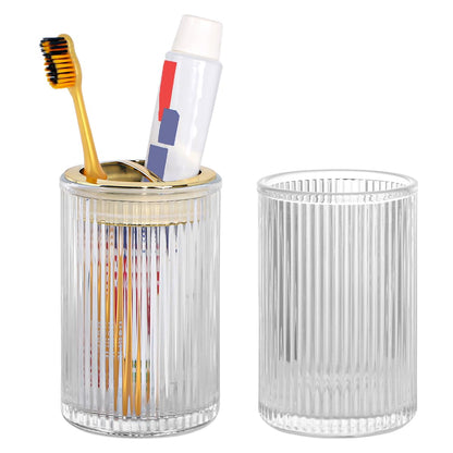 Toothbrush Holders for Bathrooms, 2pcs Glass Toothbrush Holder, 12oz Bathroom Tumbler and Mouthwash Cup, Tooth Brush and Toothpaste Organizer for Bathroom Vanity Countertop (Green Gold)