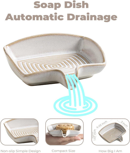 Zoeeker Self Draining Soap Dish, Ceramic Soap Holder with Waterfall Design