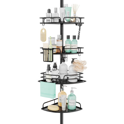 SWTYMIKI Shower Caddy Tension Pole - 4-Tier Corner Shower Organizer Tension Rod with Soap Holder, Toothbrush Holder & 4 Hooks, Adjustable Stainless Steel Bathroom Organizer 27.6 to 108.3 inch, Black
