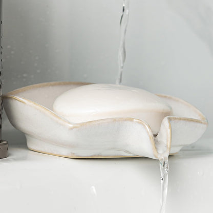 Zoeeker Self Draining Soap Dish, Ceramic Soap Holder with Waterfall Design