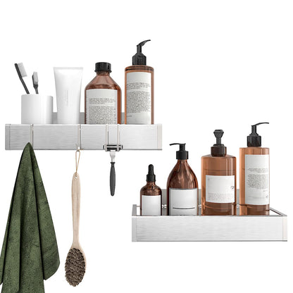 Bathroom Adhesive Shower Caddy Basket Shelf with Hooks, No Drilling Removable Bathroom Shelf Organizer,Stainless Steel Rustproof Shower Rack for Shampoo Storage, Sponge Holder-Silver