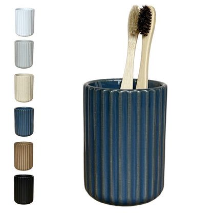 Stoneware Toothbrush Holder for Bathroom Tooth Brush Holder for Bathroom Toothbrush Cup Toothbrush Holders Cute Fluted Vertical Ribbed Stripe (Rustic Brown)