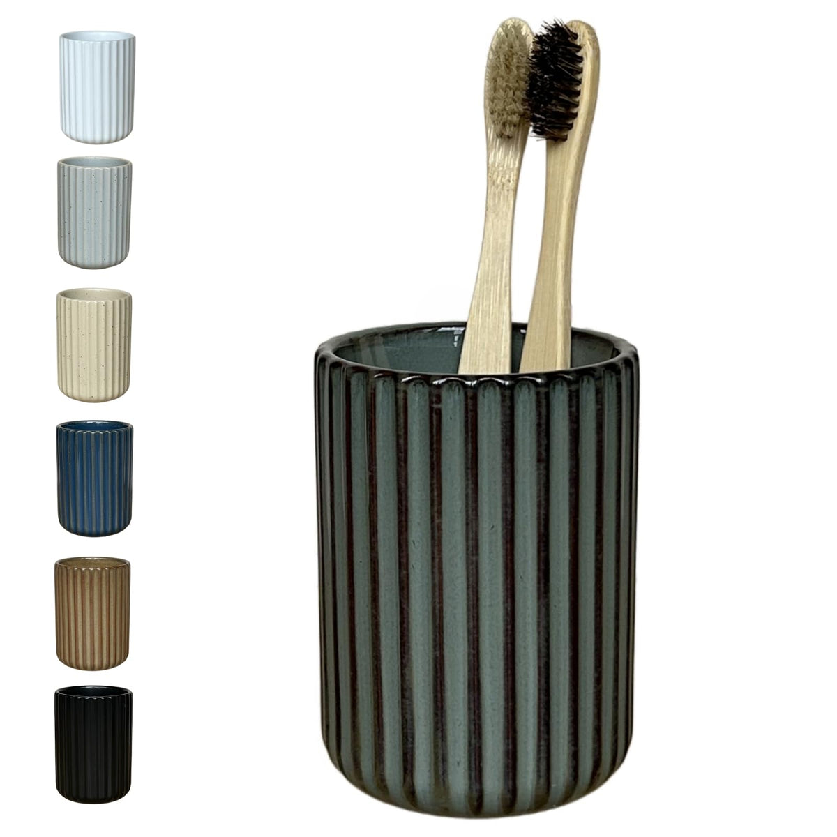 Stoneware Toothbrush Holder for Bathroom Tooth Brush Holder for Bathroom Toothbrush Cup Toothbrush Holders Cute Fluted Vertical Ribbed Stripe (Rustic Brown)