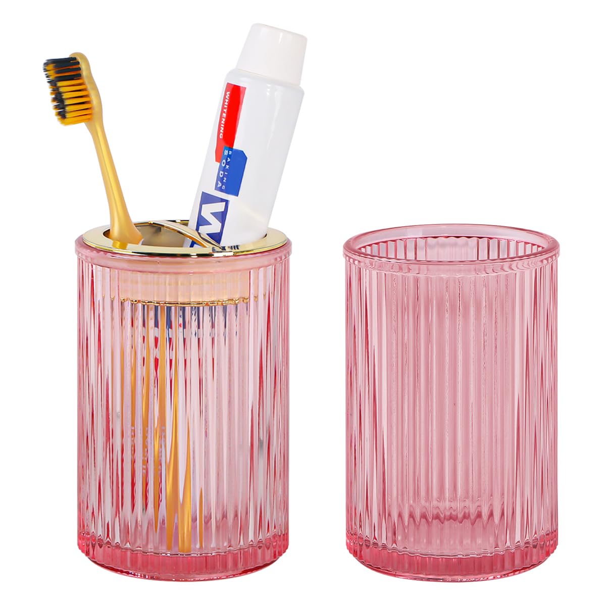 Toothbrush Holders for Bathrooms, 2pcs Glass Toothbrush Holder, 12oz Bathroom Tumbler and Mouthwash Cup, Tooth Brush and Toothpaste Organizer for Bathroom Vanity Countertop (Green Gold)