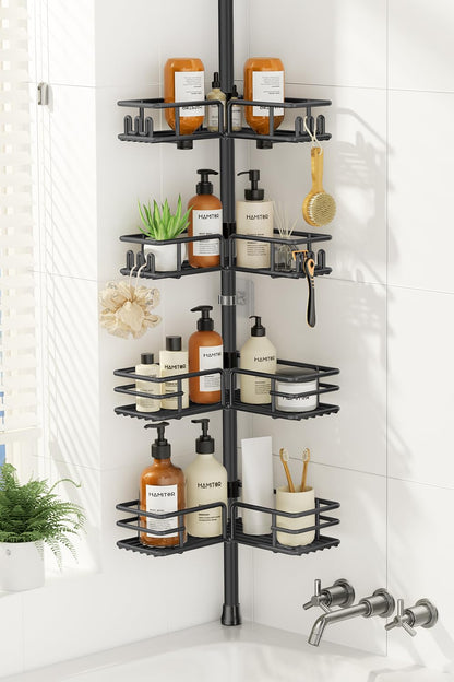 HAMITOR Shower Caddy Tension Pole, 4-Tier No Drill Corner Shower Organizer