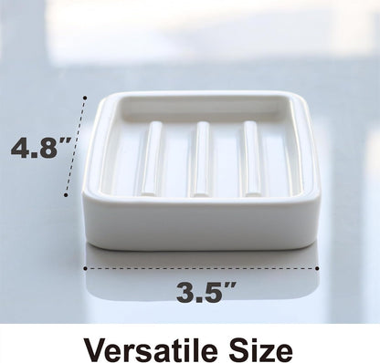 Matte Ceramic Soap Dish with Raised Ridges, Rectangle Bar Soap Holder for Bathroom Counter, Shower and Kitchen Sink, White