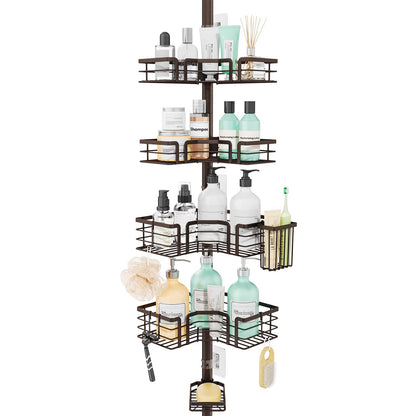 SWTYMIKI Shower Caddy Tension Pole - 4-Tier Corner Shower Organizer Tension Rod with Soap Holder, Toothbrush Holder & 4 Hooks, Adjustable Stainless Steel Bathroom Organizer 27.6 to 108.3 inch, Black