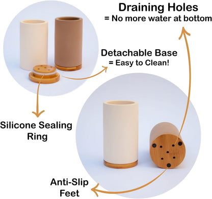Matani Bamboo Toothbrush Holder Diatomite Tooth Brush Organizer - Storage Stand for Small Bathroom & Counter - Removable Base & Drain Holes, Water-Absorbent & Quick-Drying (Light Grey)