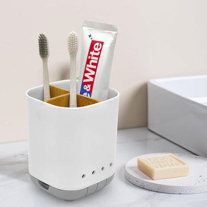 Toothbrush Holder with Bamboo Divider,Detachable for Easy Cleaning Bathroom Countertop Organizer,Plastic 3 Slots Electric Toothbrush and Toothpaste Holders Storage Caddy for Bathroom Vanity,Sink(Grey)