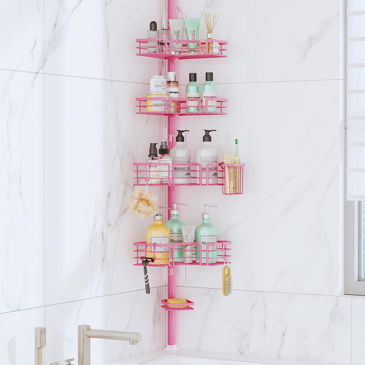 SWTYMIKI Shower Caddy Tension Pole - 4-Tier Corner Shower Organizer Tension Rod with Soap Holder, Toothbrush Holder & 4 Hooks, Adjustable Stainless Steel Bathroom Organizer 27.6 to 108.3 inch, Black