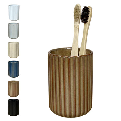 Stoneware Toothbrush Holder for Bathroom Tooth Brush Holder for Bathroom Toothbrush Cup Toothbrush Holders Cute Fluted Vertical Ribbed Stripe (Rustic Brown)