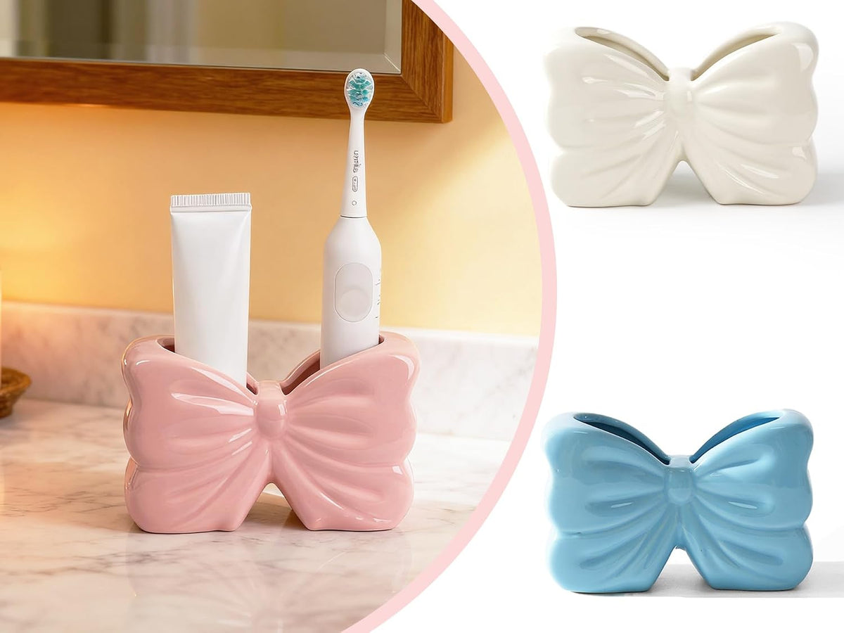 Pink Bow Ceramic Toothbrush Holder,Sweet Girly Gift Bathroom Decor
