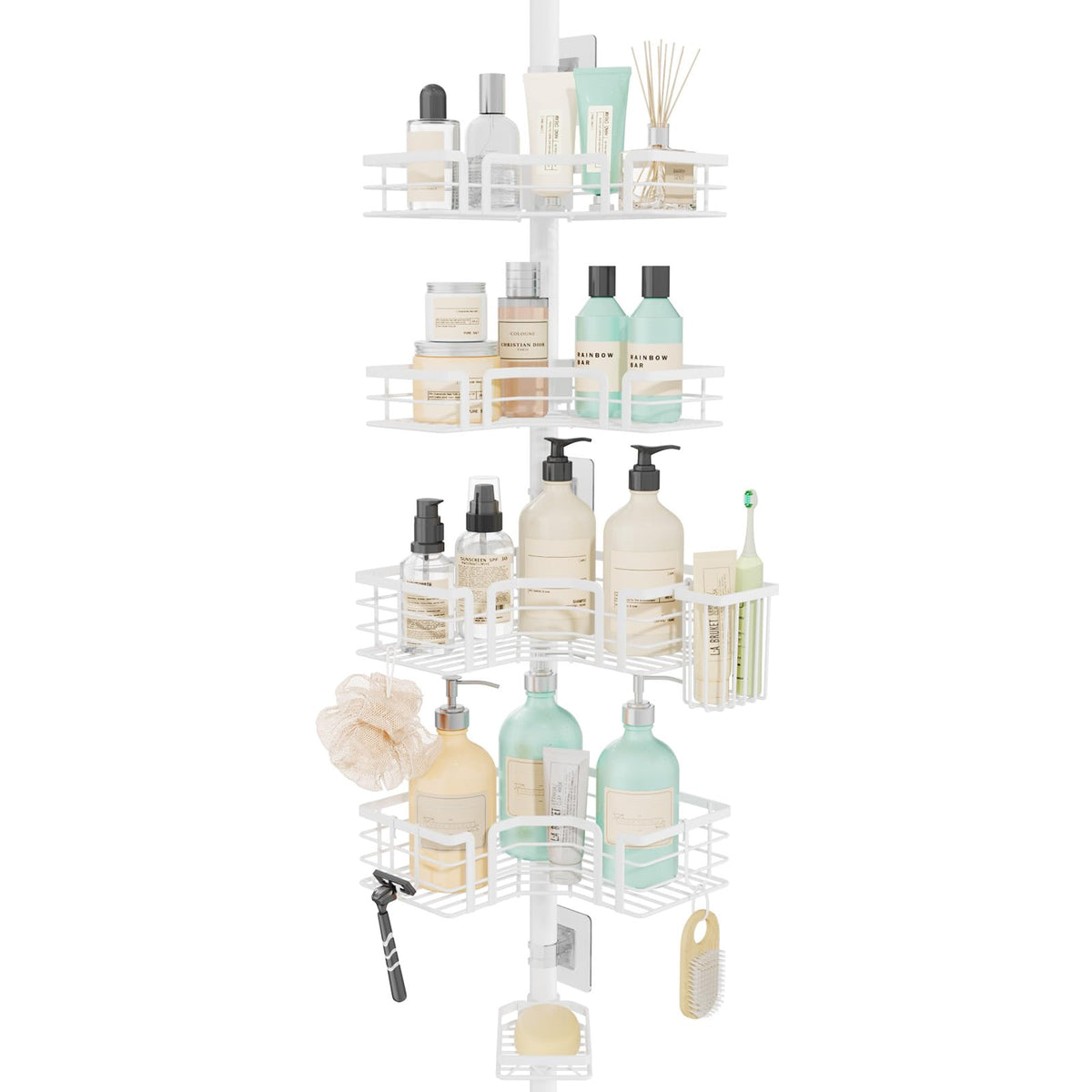 SWTYMIKI Shower Caddy Tension Pole - 4-Tier Corner Shower Organizer Tension Rod with Soap Holder, Toothbrush Holder & 4 Hooks, Adjustable Stainless Steel Bathroom Organizer 27.6 to 108.3 inch, Black