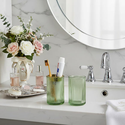 Toothbrush Holders for Bathrooms, 2pcs Glass Toothbrush Holder, 12oz Bathroom Tumbler and Mouthwash Cup, Tooth Brush and Toothpaste Organizer for Bathroom Vanity Countertop (Green Gold)