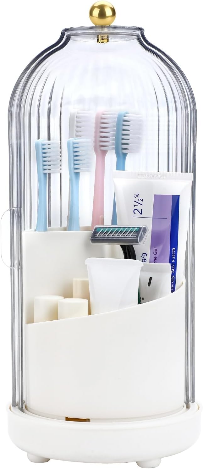 Toothbrush Organizer with Cover,3 Slots for Bathroom Toothbrush Holders with Lid,Dustproof Design,Rotating Holder,Ideal Makeup Brushes Holder for Bathroom Countertop Organization and Storage