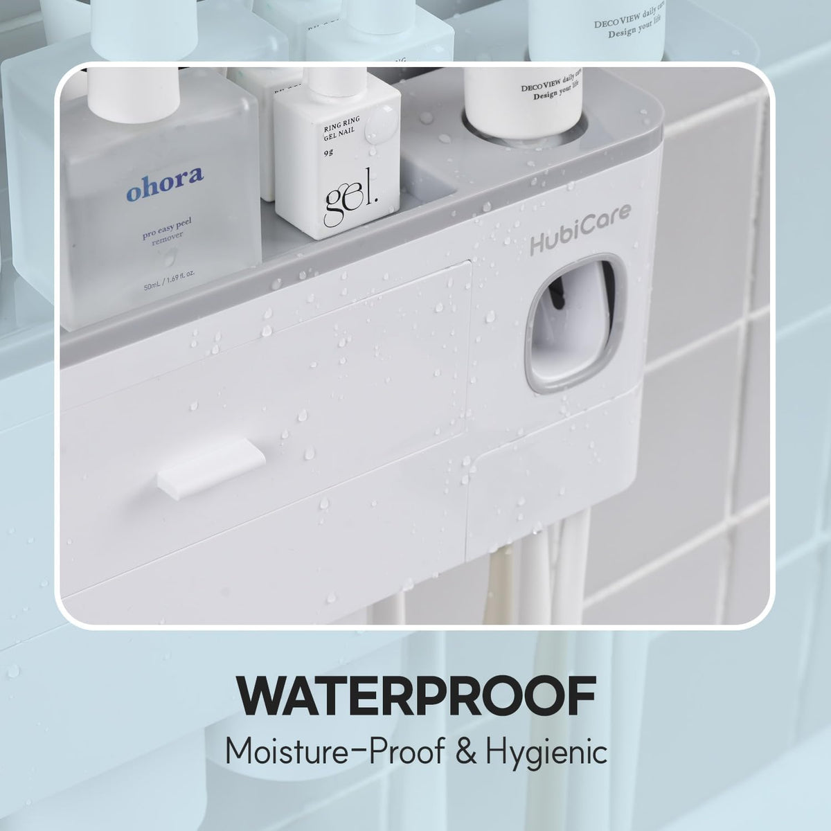 HubiCare Toothbrush Holder with Toothpaste Dispenser Wall Mounted for Bathroom, Automatic Toothpaste Squeezer, Bathroom Organization and Storage, 5 Toothbrush Slots (3 Cups)