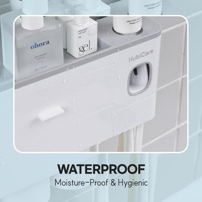 HubiCare Toothbrush Holder with Toothpaste Dispenser Wall Mounted for Bathroom, Automatic Toothpaste Squeezer, Bathroom Organization and Storage, 5 Toothbrush Slots (3 Cups)