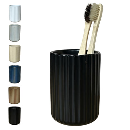 Stoneware Toothbrush Holder for Bathroom Tooth Brush Holder for Bathroom Toothbrush Cup Toothbrush Holders Cute Fluted Vertical Ribbed Stripe (Rustic Brown)