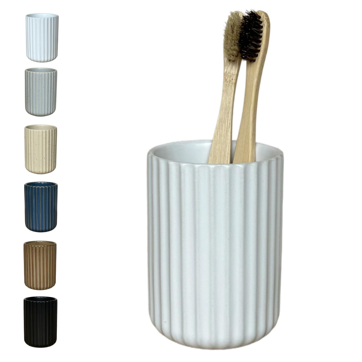 Stoneware Toothbrush Holder for Bathroom Tooth Brush Holder for Bathroom Toothbrush Cup Toothbrush Holders Cute Fluted Vertical Ribbed Stripe (Rustic Brown)