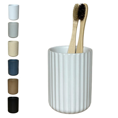 Stoneware Toothbrush Holder for Bathroom Tooth Brush Holder for Bathroom Toothbrush Cup Toothbrush Holders Cute Fluted Vertical Ribbed Stripe (Rustic Brown)