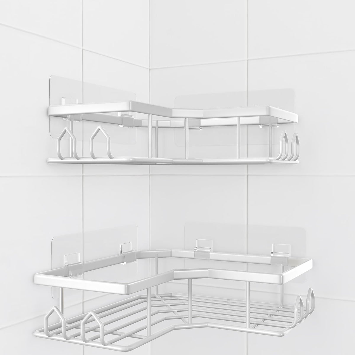 Adhesive Shower Caddy, 2 Pack Corner Bath Organizer, Rustproof Stainless Steel Shower Shelves with Large Capacity, No Drilling Shelves for Bathroom Storage, Home, Kitchen Decor (Silver).