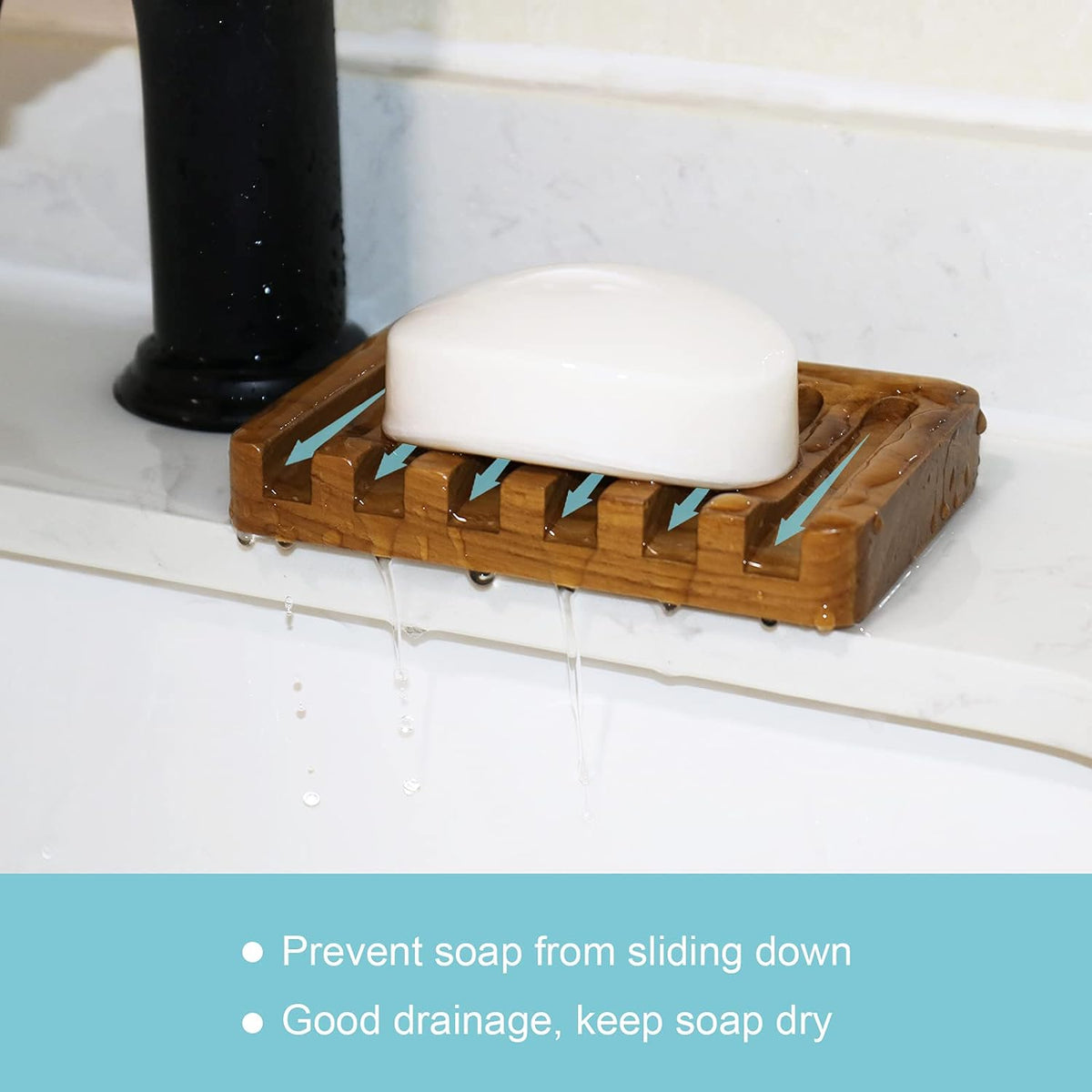 HTB Soap Dish with Slanted Waterfall Design,Teak Wood Bar Soap Holder
