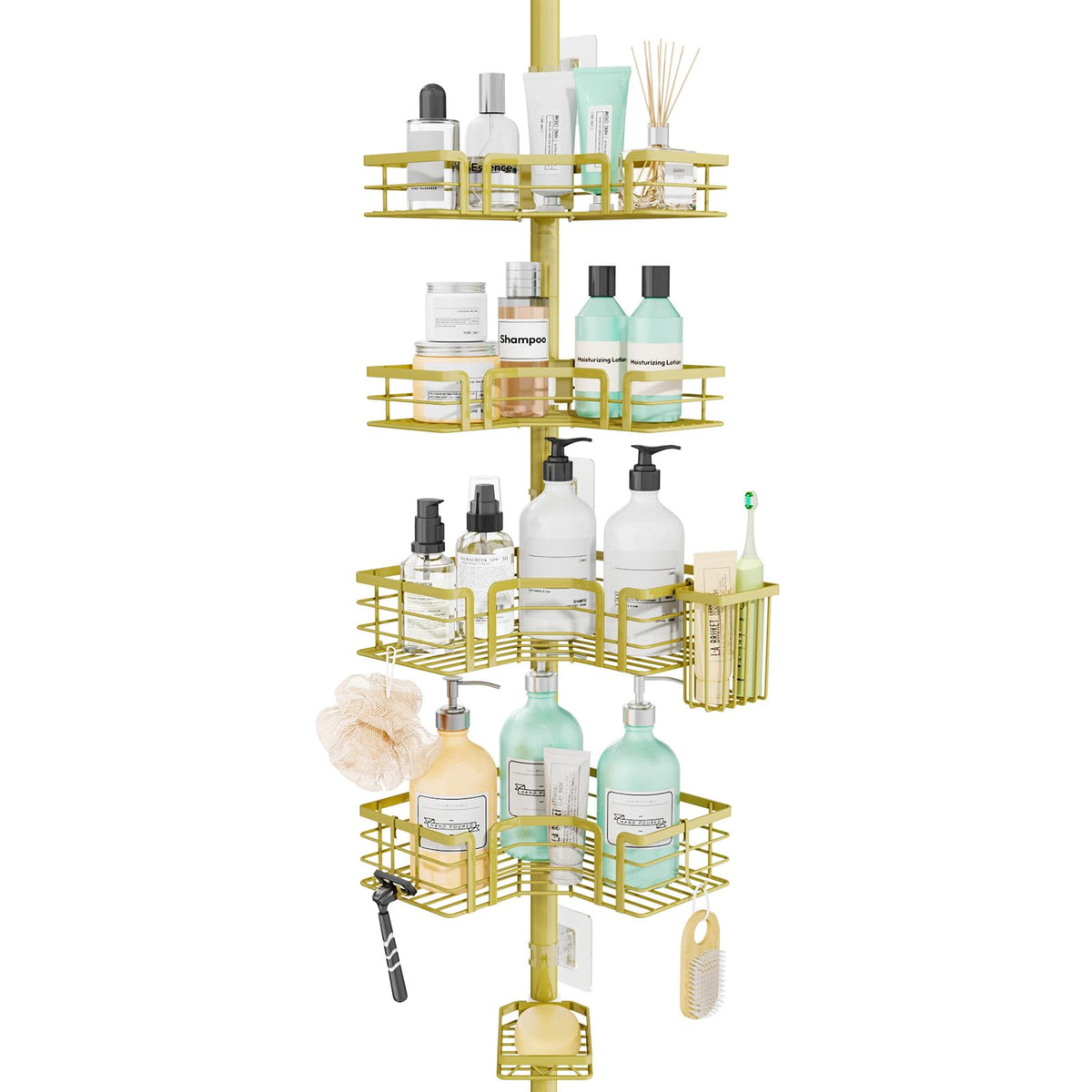 SWTYMIKI Shower Caddy Tension Pole - 4-Tier Corner Shower Organizer Tension Rod with Soap Holder, Toothbrush Holder & 4 Hooks, Adjustable Stainless Steel Bathroom Organizer 27.6 to 108.3 inch, Black