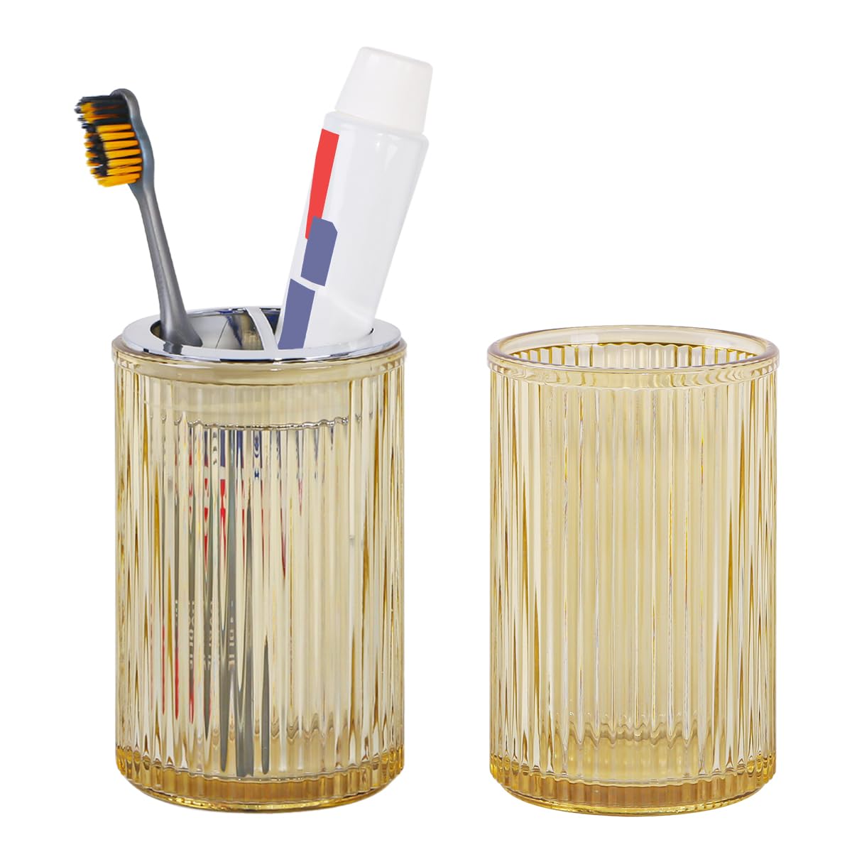 Toothbrush Holders for Bathrooms, 2pcs Glass Toothbrush Holder, 12oz Bathroom Tumbler and Mouthwash Cup, Tooth Brush and Toothpaste Organizer for Bathroom Vanity Countertop (Green Gold)