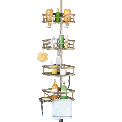 HAMITOR Corner Shower Caddy Tension Pole: Rustproof Stable 4-Tier Bathroom Organizer Shelves for Bathtub Shampoo Storage - 47-121 Inch Quick Install Adjustable Standing Rack with Soap Rack - Black