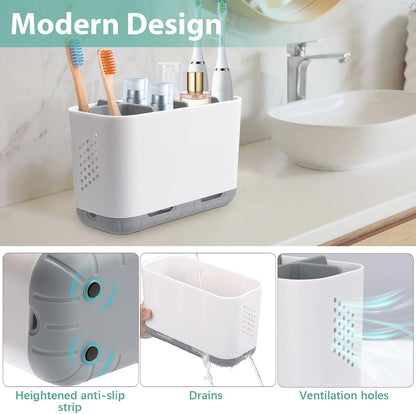 Boperzi Toothbrush and Toothpaste Holder Drainage for Bathroom Countertop with Adjustable Dividers, Large Toothpaste Caddy Organizer Storage Rustic Decor Set Anti-Slip for Shower,Family,Kids Gray