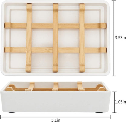 Bamboo Soap Dishes for Shower Wooden Soap Bar Holder for Bathroom Soap Tray Easy to Clean, Durable and with Non-Slip Pads(Single White Square)