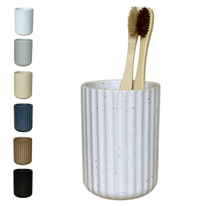 Stoneware Toothbrush Holder for Bathroom Tooth Brush Holder for Bathroom Toothbrush Cup Toothbrush Holders Cute Fluted Vertical Ribbed Stripe (Rustic Brown)