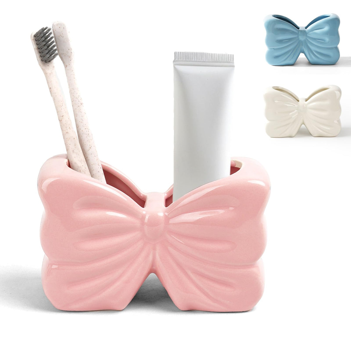 Pink Bow Ceramic Toothbrush Holder,Sweet Girly Gift Bathroom Decor