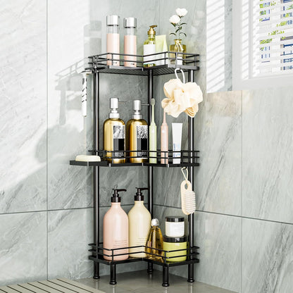 Consumest Corner Shower Caddy Standing - 3-Tier Stainless Steel Shower Organizer with Soap Holder and 4 Hooks, Large Capacity Corner Shelf Stand for Bathroom, Rest Room, Black