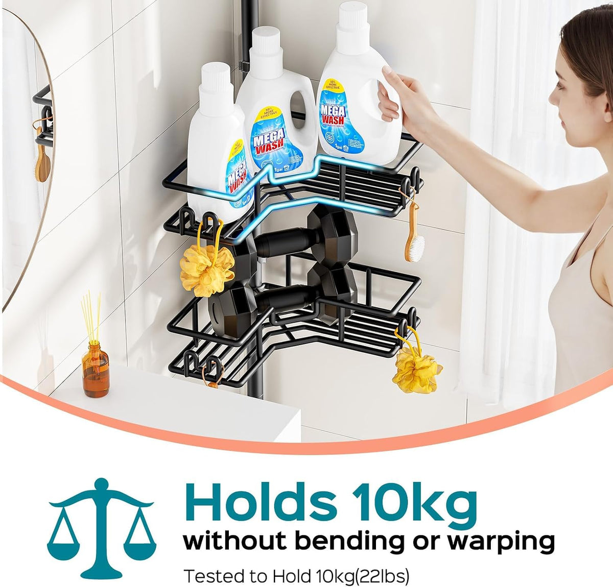 HAMITOR Shower Caddy Tension Pole: 4-Tier Adjustable Corner Shelf Black