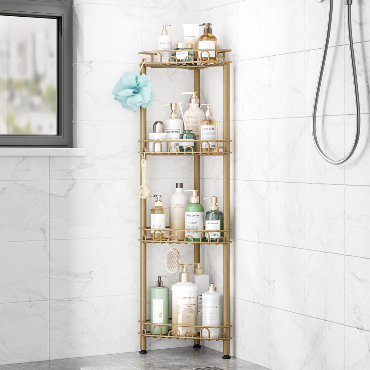 SWTYMIKI Standing Shower Caddy Corner - 3‑Tier Stainless Steel Shower Organizer Shelf with 12 Hooks and Adhesive Pads, Rustproof Corner Shelves Stand Rack for Bathroom Shower Room, Black