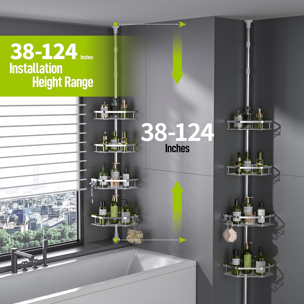 LAMU Corner Shower Caddy Tension Pole, 4-Tier Stainless Steel Organizer