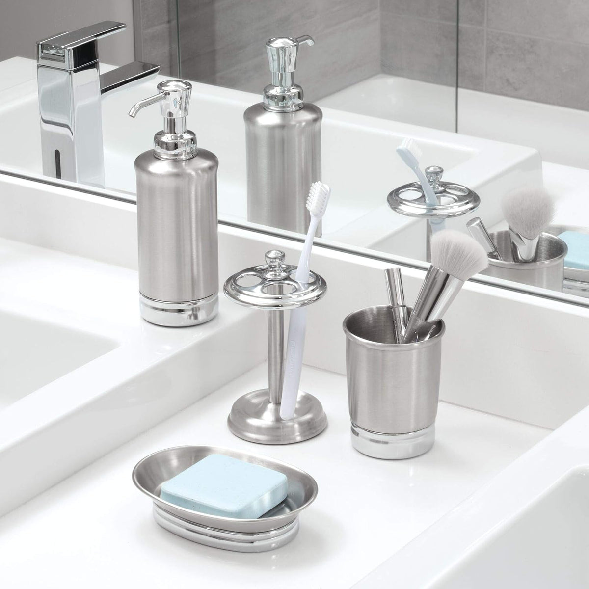 iDesign Steel Divided Toothbrush Holder Stand, 3.25" x 3.25" x 5.75"