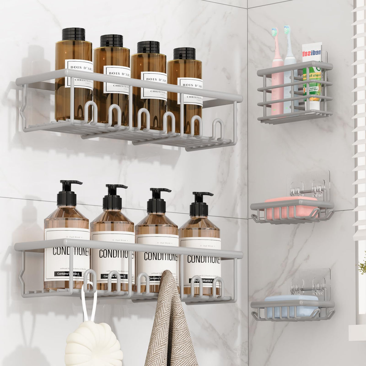 5 Pack Adhesive Bathroom Holders & Dispensers for Kids & Adults, Black